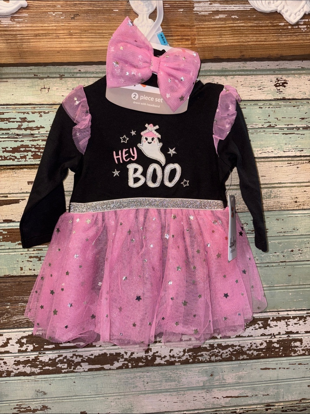 New Baby Starters Hey Boo Pink & Black Ghost Tulle Dress with Headband
